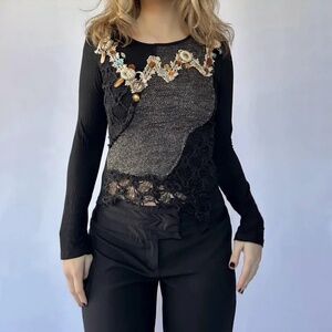 Beaded Top Y2K Boho Small Black Long Sleeve